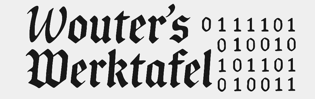 Logo van Wouter’s Werktafel, met de naam in handschrift en gotische letters die overgaat in binair patroon